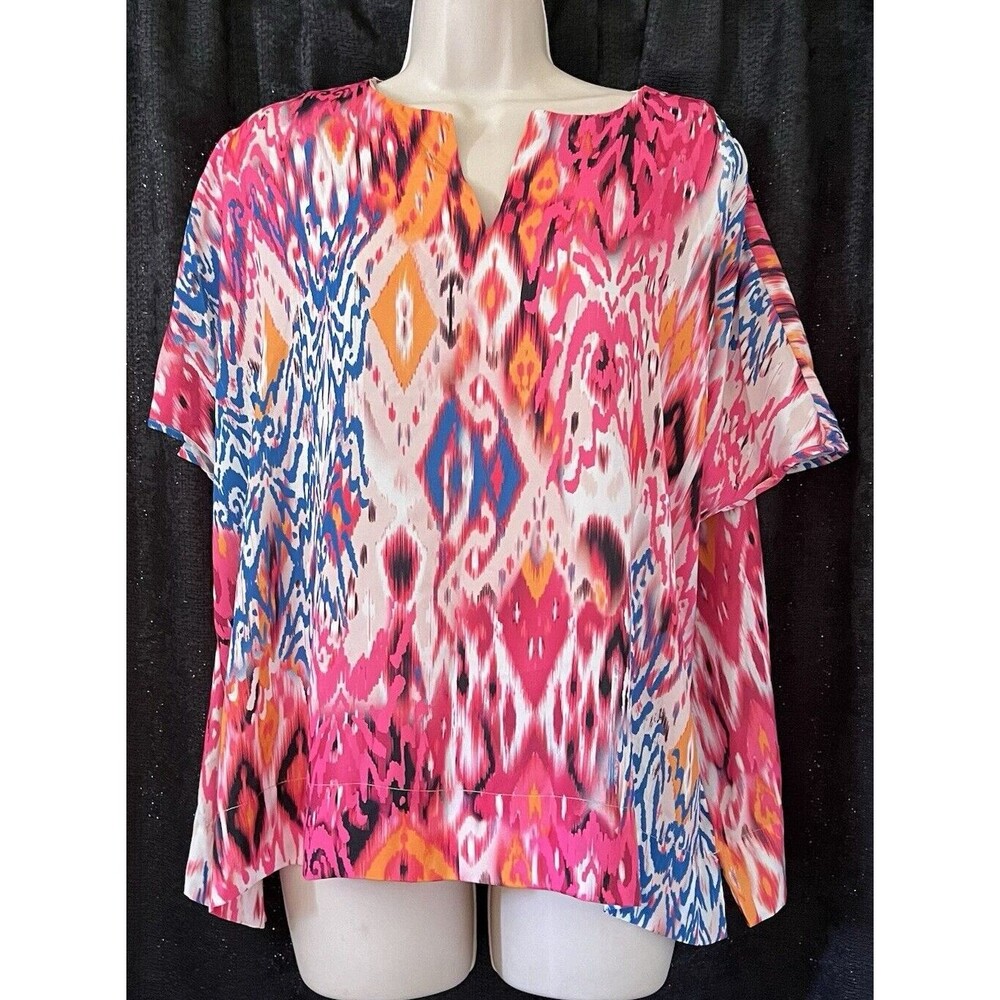 Chico's Ikat Print Split Neck Easy Flow Dolman Sleeve Multi Color Top Sz 0 (4/6)